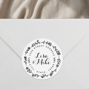 Floral Wreath Couple Names Wedding Return Address Classic Round Sticker