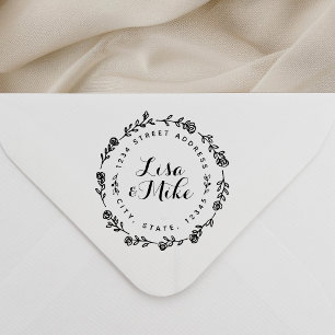 Floral Wreath Couple Names Wedding Return Address Rubber Stamp