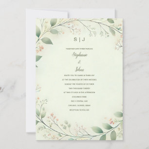 Floral Wreath Crest Monogram Sage Green Wedding Invitation