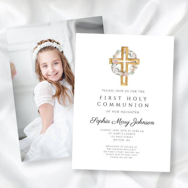 Floral Wreath Cross Photo Girl First Communion Invitation (Floral Wreath Cross Photo Girl First Communion Invitation)