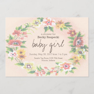 Floral Wreath Cross-stitch Baby Shower Invitation