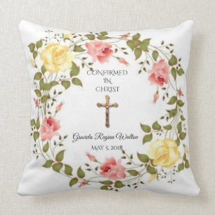 Floral Wreath Crucifix Yellow Pink Roses Cushion