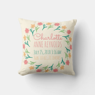 Floral Wreath Custom Birth Announcement Cushion