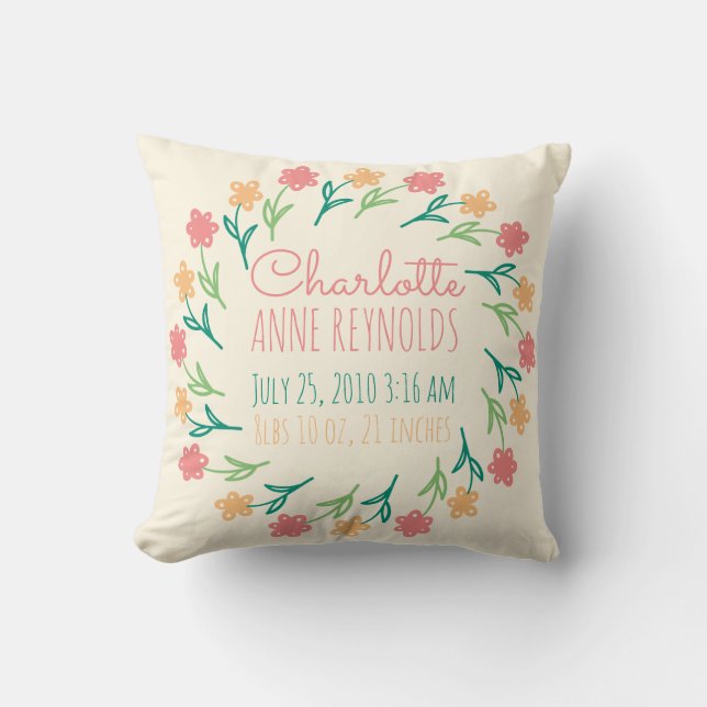 Floral Wreath Custom Birth Announcement Cushion (Front)