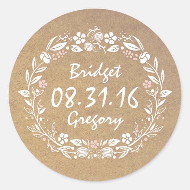 Floral Wreath Cute Vintage Wedding Stickers (Front)