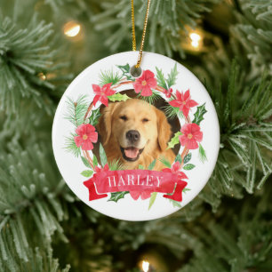 Floral Wreath Dog Photo Ceramic Ornament