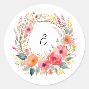 Floral Wreath Elegant Pretty Watercolor Monogram Classic Round Sticker
