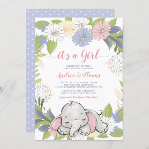 Floral Wreath Elephant Girl Baby Shower Invitation
