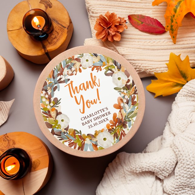 Floral wreath fall little pumpkin baby shower classic round sticker (Floral wreath fall little pumpkin baby shower classic round sticker)