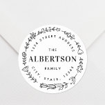 Floral Wreath Family Name Custom Return Address Classic Round Sticker<br><div class="desc">Custom-designed circular return address labels/stickers featuring hand-drawn floral wreath. Personalise with family name and address. Perfect for decorating envelopes,  cards,  DIY gifts,  and more!</div>