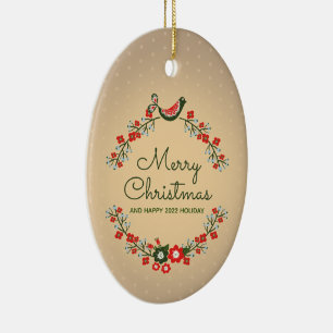Floral wreath family names Merry Christmas  Ceramic Ornament