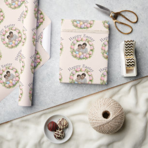 Floral Wreath & Family Photo Personalised Easter  Wrapping Paper
