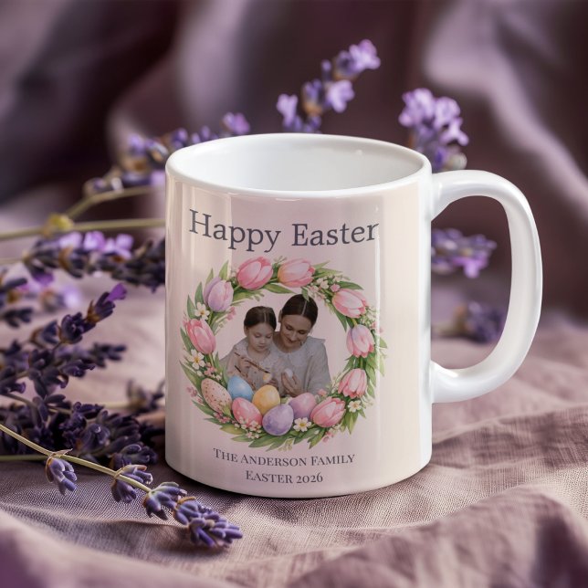Floral Wreath & Family Photo Personalized Easter  Coffee Mug (Creator Uploaded)