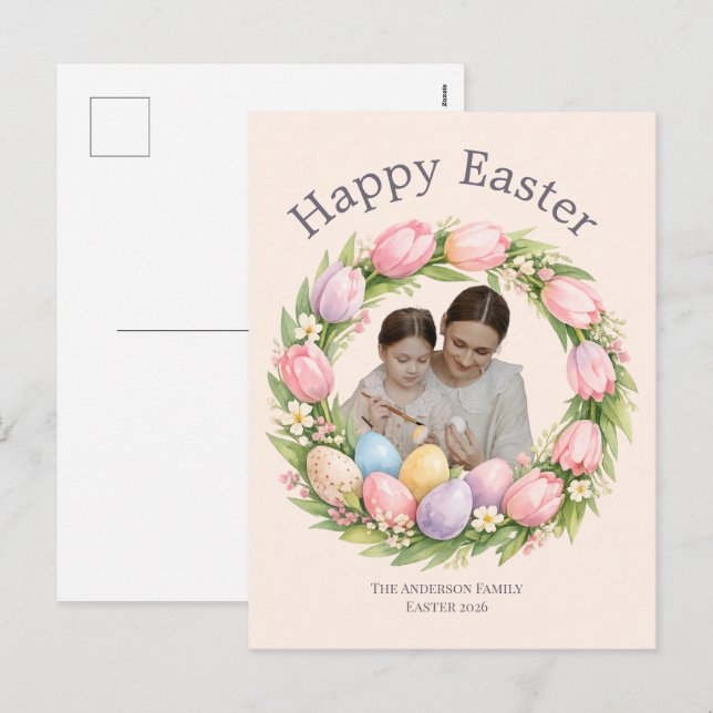 Floral Wreath & Family Photo Personalized Easter  Holiday Postcard (Front/Back)