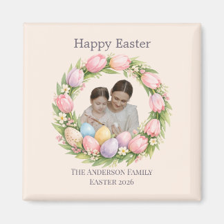 Floral Wreath & Family Photo Personalized Easter  Magnet