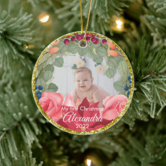 Floral wreath faux gold glitter poinsettia roses  ceramic ornament