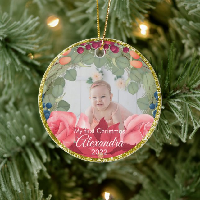 Floral wreath faux gold glitter poinsettia roses  ceramic ornament (Tree)