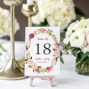 Floral Wreath Feather Boho Wedding Table Number