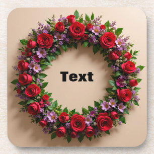 Floral Wreath Featuring Red Roses and Pink Blooms Coaster