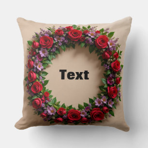 Floral Wreath Featuring Red Roses and Pink Blooms Cushion