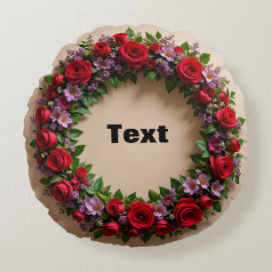 Floral Wreath Featuring Red Roses and Pink Blooms Round Cushion