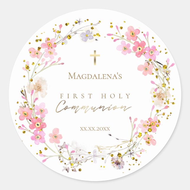 floral wreath First Holy Communion Classic Round Sticker (Front)
