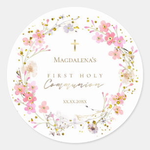 floral wreath First Holy Communion Classic Round Sticker