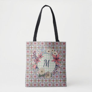 Floral Wreath Floral Pattern Monogram Tote Bag