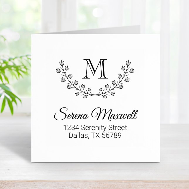 Floral Wreath, Flowers Branch Monogram 2 Address Rubber Stamp (Creator Uploaded)