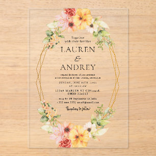 Floral Wreath & Geometric Frame Wedding  Acrylic Invitations