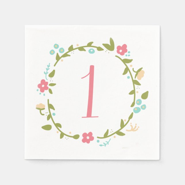 Floral Wreath Girl 1st Birthday Napkin (Front)