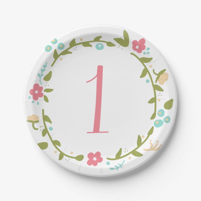 Floral Wreath Girl 1st Birthday Paper Plates (Front)