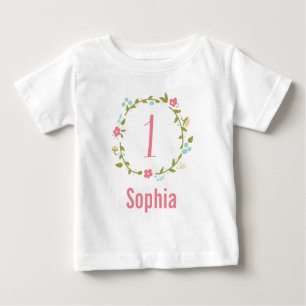 Floral Wreath Girl 1st Birthday Personalised Baby T-Shirt