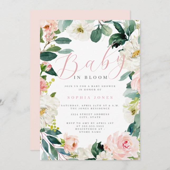Floral Wreath Girl Baby in Bloom Baby Shower   Invitation (Front/Back)