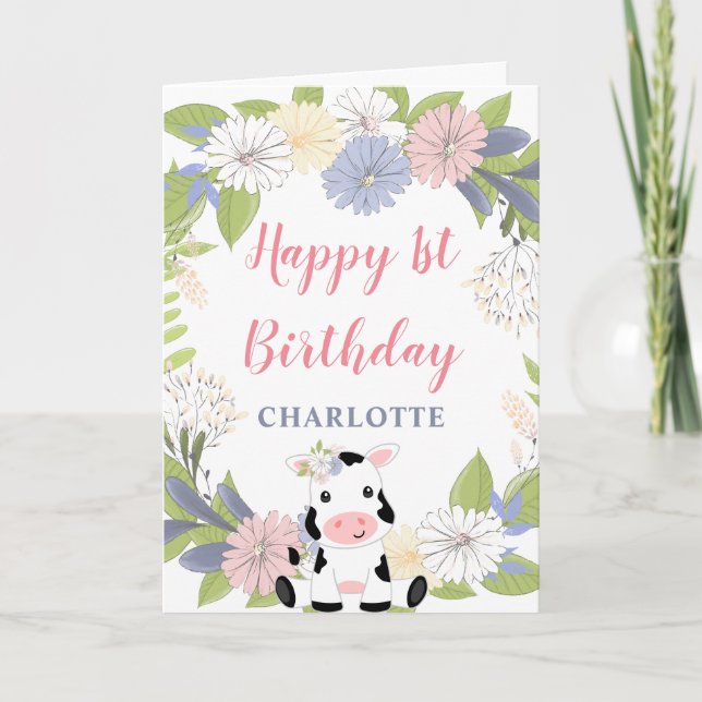 Floral Wreath Girl Cow 1st Birthday Card (Front)