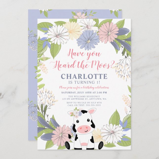 Floral Wreath Girl Cow 1st Birthday Invitation (Front/Back)