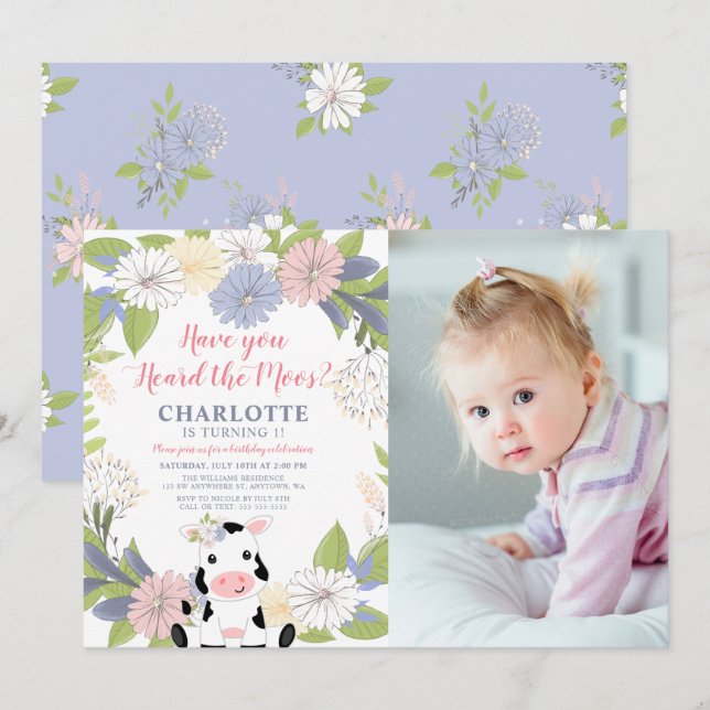 Floral Wreath Girl Cow 1st Birthday Photo Invitation (Front/Back)