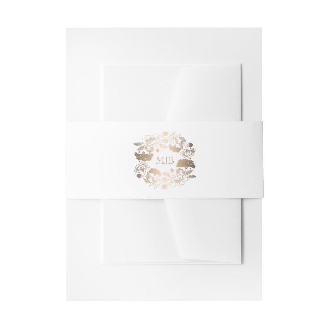 Floral Wreath Gold and White Elegant Wedding Invitation Belly Band (Front Example)