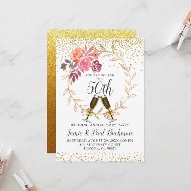 Floral Wreath Gold Glitter Wedding Anniversary Invitation (Front/Back In Situ)