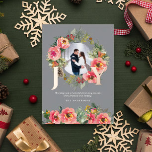 Floral Wreath Gold Joy Botanical Christmas Photo Foil Holiday Card