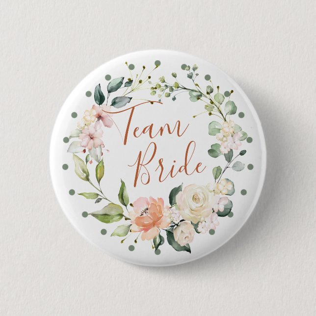 Floral wreath, green leaves, polka dots Team Bride 6 Cm Round Badge (Front)