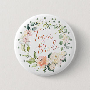 Floral wreath, green leaves, polka dots Team Bride 6 Cm Round Badge