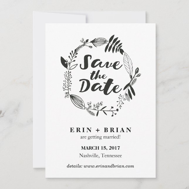 Floral Wreath Hand Drawn Save the Date Card (Front)