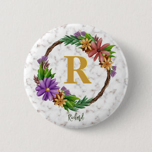 Floral Wreath Initial Letter Monogram Name Marble 6 Cm Round Badge