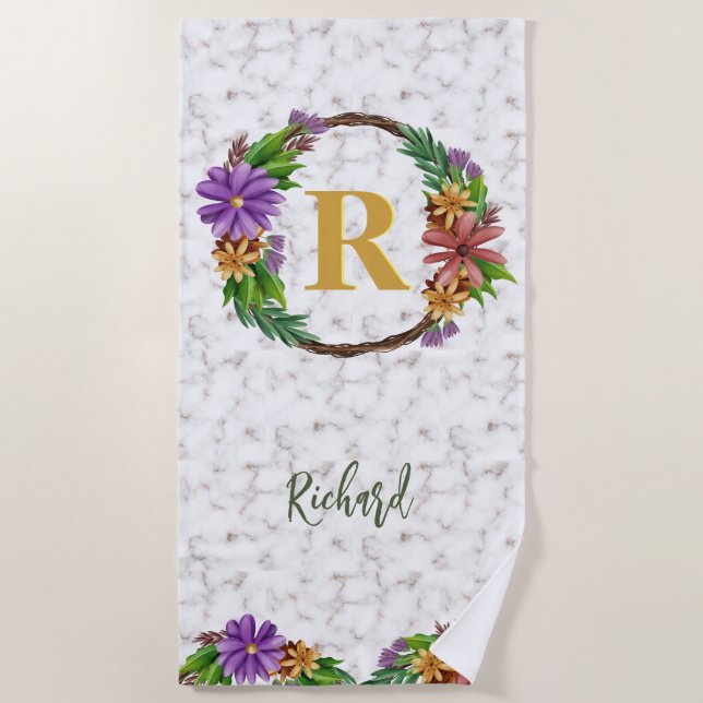 Floral Wreath Initial Letter Monogram Name Marble Beach Towel (Front)