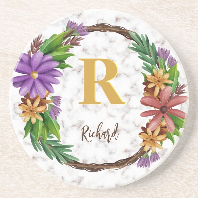 Floral Wreath Initial Letter Monogram Name Marble Coaster (Front)