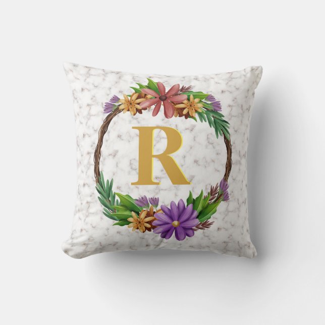 Floral Wreath Initial Letter Monogram Name Marble Cushion (Front)