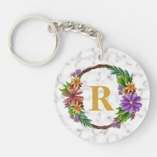 Floral Wreath Initial Letter Monogram Name Marble Key Ring