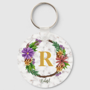 Floral Wreath Initial Letter Monogram Name Marble Key Ring