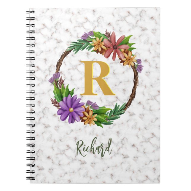 Floral Wreath Initial Letter Monogram Name Marble Notebook (Front)